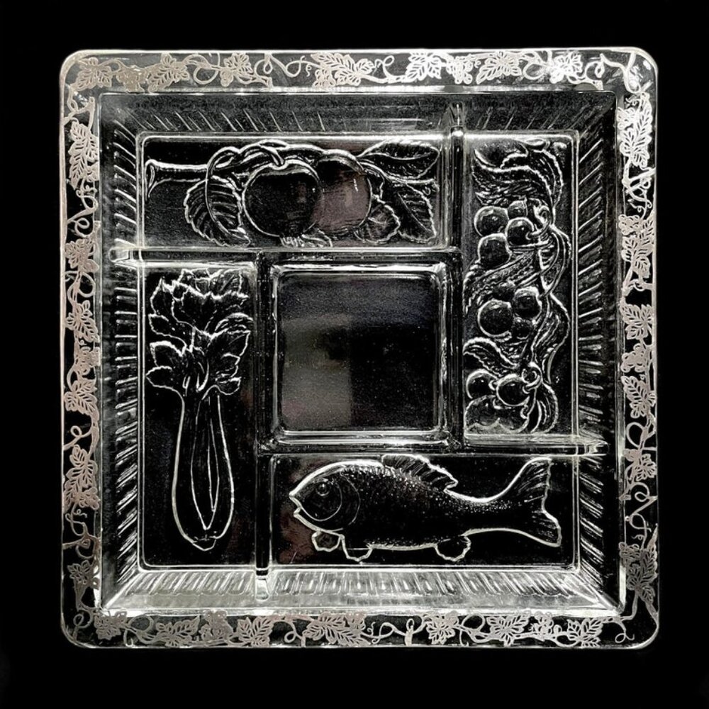 Vintage 1940s Duncan & Miller INTAGLIO Glass Silver Overlay Divided Square Dish